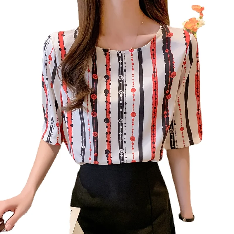 

Летняя блузка, топ с коротким рукавом, женская одежда, японская мода, круглый вырез, шифоновая свободная полоска, прямая Movafag