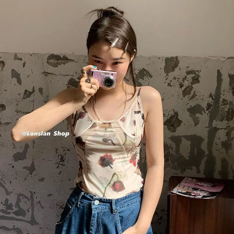 

Retro Vintage Niche Design Flowers with Gauze Suspenders Ins Pure Desire Wind Hot Girl Vest Female Summer Outer Wear