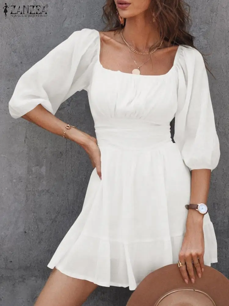 

Платье ZANZEA женское с квадратным вырезом, элегантный вечерний сарафан-трапеция с рукавом до локтя, однотонное до колена, для отдыха и пляжа, н...