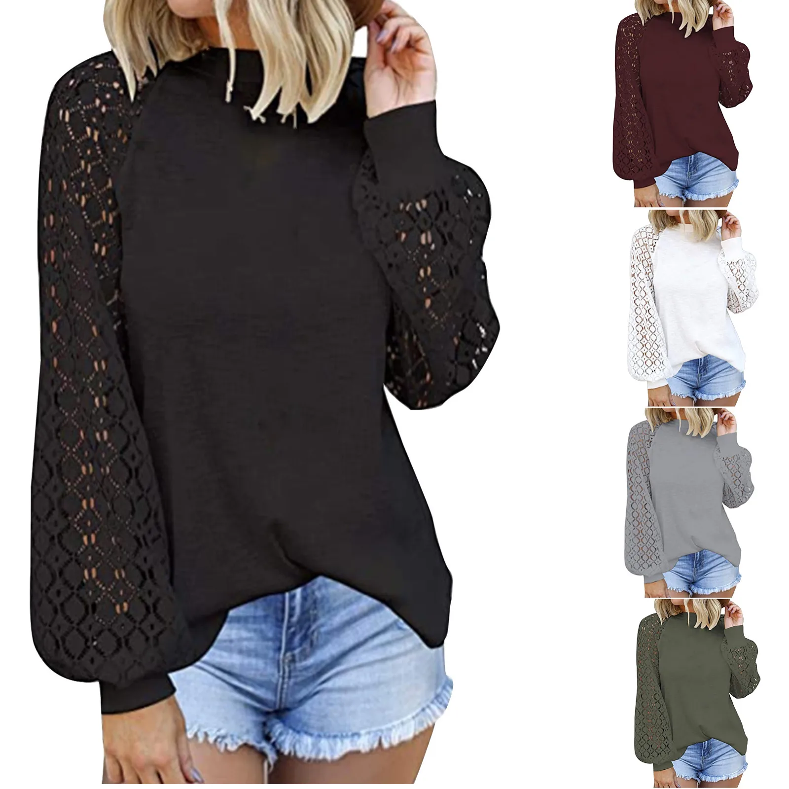 

Ladies Fashion Round Neck Lace Hollow Long Sleeve Casual Loose Top Pullover blusa mujer moda 2023 플러스사이즈 상의 más tamaño tops