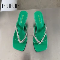 summer rhinestone pumps womens slippers flip flops solid color stiletto high heel slides slip on simple clip toes outdoor shoes