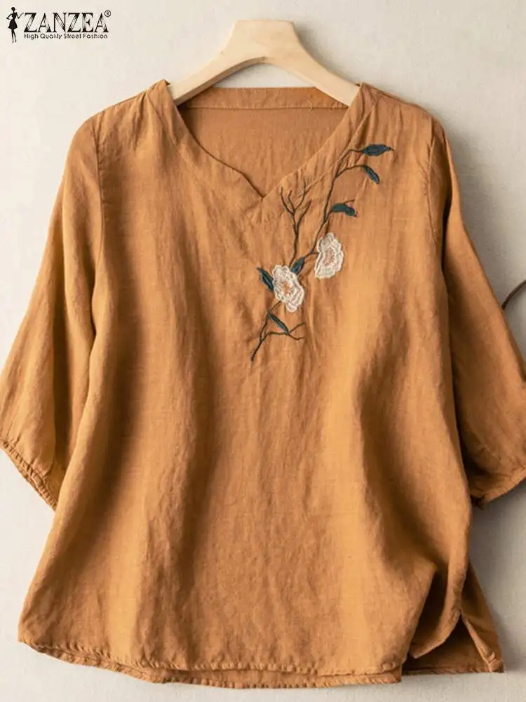 

ZANZEA Vintage Printed Tops Women Summer Embroidered Blouse 2022 Fashion Half Sleeeve Shirt Casual Retro V Neck Camisas Oversize