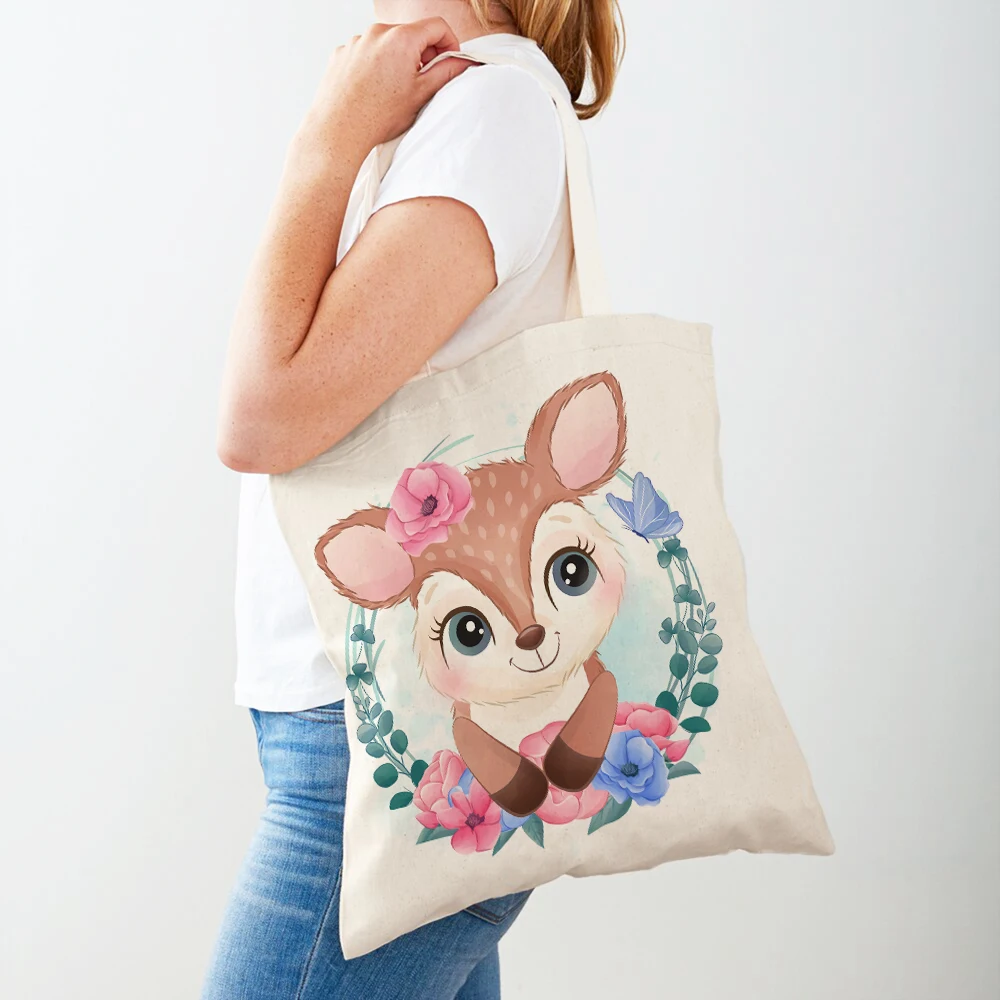 

Flower Leaf Zebra Giraffe Hippo Lion Casual Both Print Handbag Animal Canvas Children Shopping Bag Tote for Women Shopper Bags