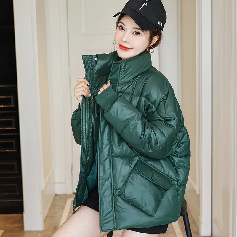 Women's short cotton coat 2022 winter Korean version stand collar loose long sleeve zipper light slim slim down jacket