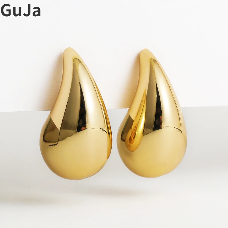 

Vintage Jewelry Gold Color Chunky Dome Drop Earrings for Women Glossy Stainless Steel Thick Teardrop Earrings Lightweight Hoops