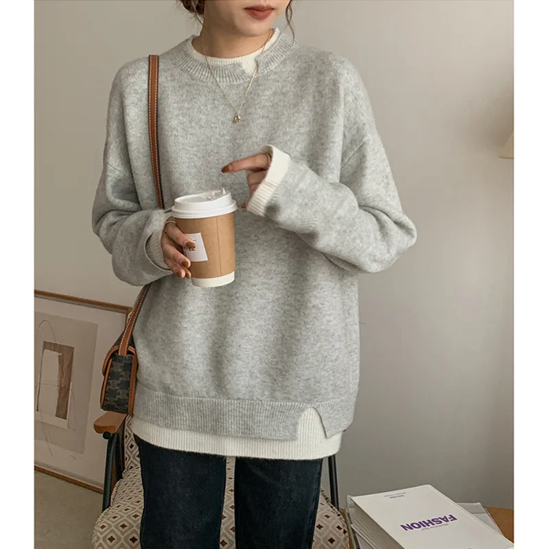 

Gray Sweater Women Autumn Winter Simple Pullover Knit Elastic Jumper Casual Thick Y2k Warm Letter Korean Jacquard Jumpers