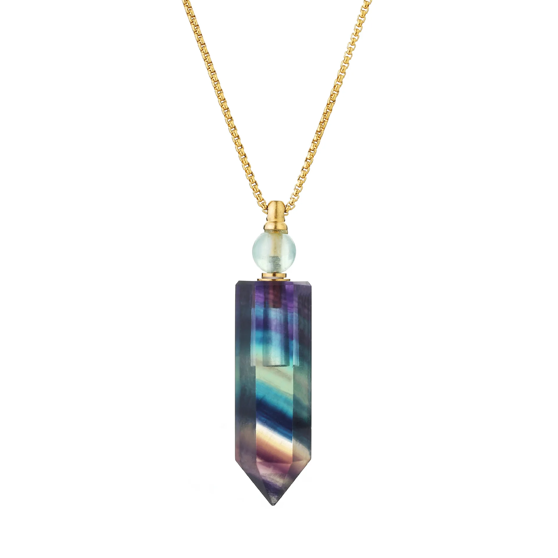 

Natural Fluorite Perfume Bottle Reiki Stone Pendant Healing Crystal Essential Oil Diffuser Stainless Steel Necklace for Women