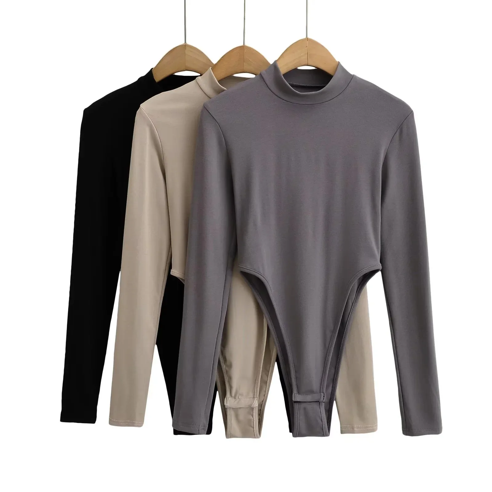 

Осенний цельный женский однотонный боди с круглым вырезом, черный, хаки, серый облегающий комбинезон