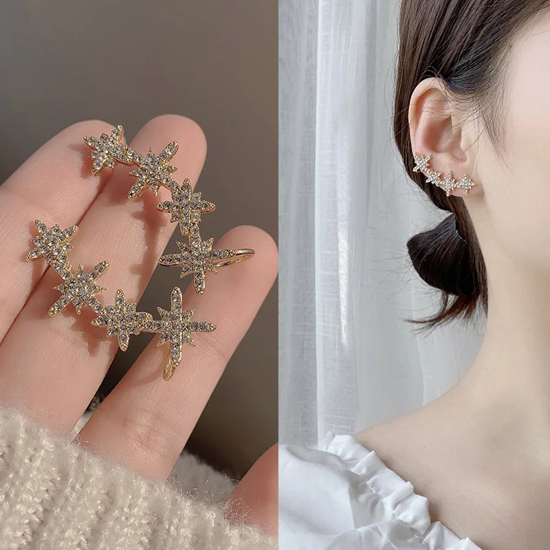 

Золотые блестящие серьги-клипсы со звездой и Цирконом для женщин, очаровательные серьги-клипсы с кристаллами, золотые клипсы для ушей, серь...