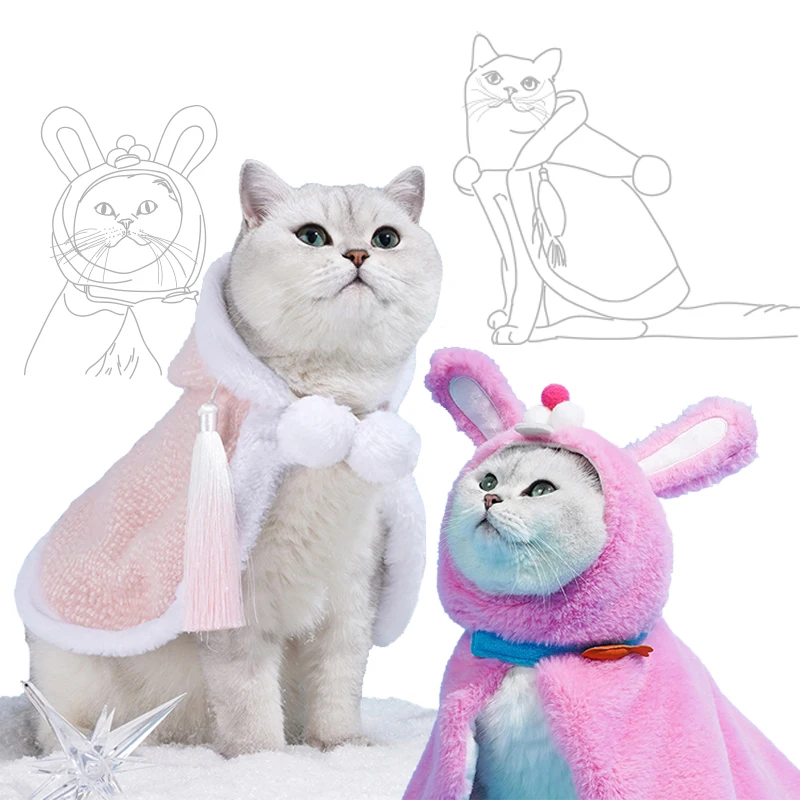 

Rabbit Thickened Plush Cape Halloween Pink Bunny Costume Winter Warm Pet Clothes Christmas Princess Trench Coats For Cats