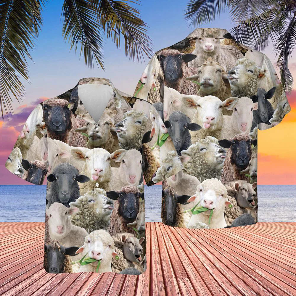 

Новинка 2022, Гавайские мужские рубашки с 3D рисунком ягненка и крупного рогатого скота, рубашки с короткими рукавами, модная забавная уличная ...