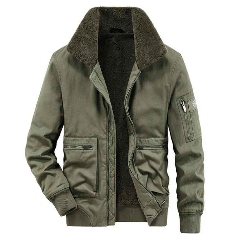 Autumn Parkas Winter Jacket Men's Velvet Thick Warm Lamb Wool Coat Cargo Flight Cotton Coatt Big Pocket Winter Outerwear