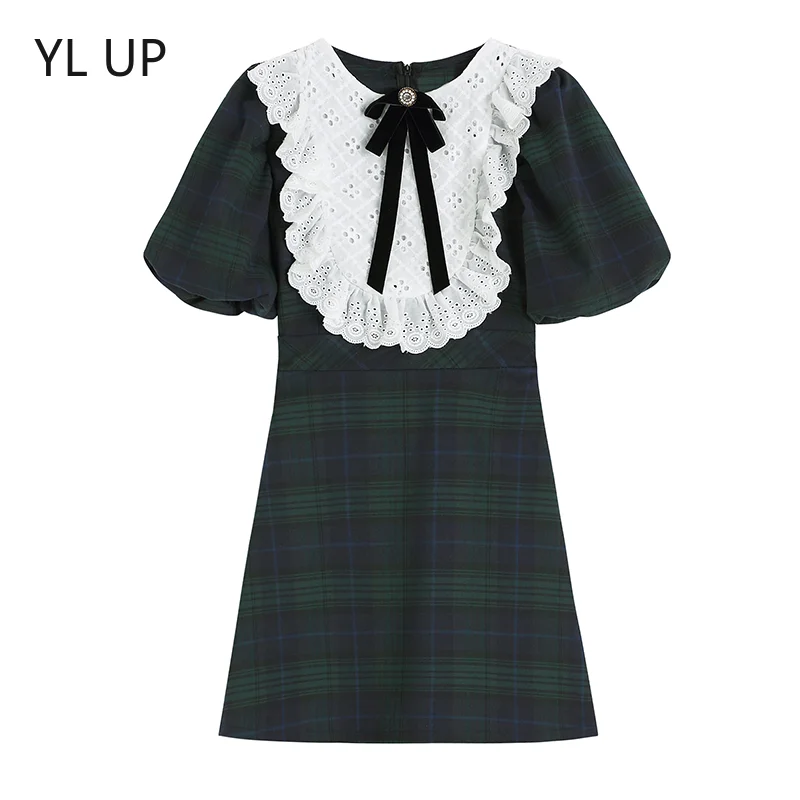 

Женское Короткое платье в клетку, Элегантное повседневное милое винтажное платье составного кроя в Корейском стиле с кружевами, лето 2023