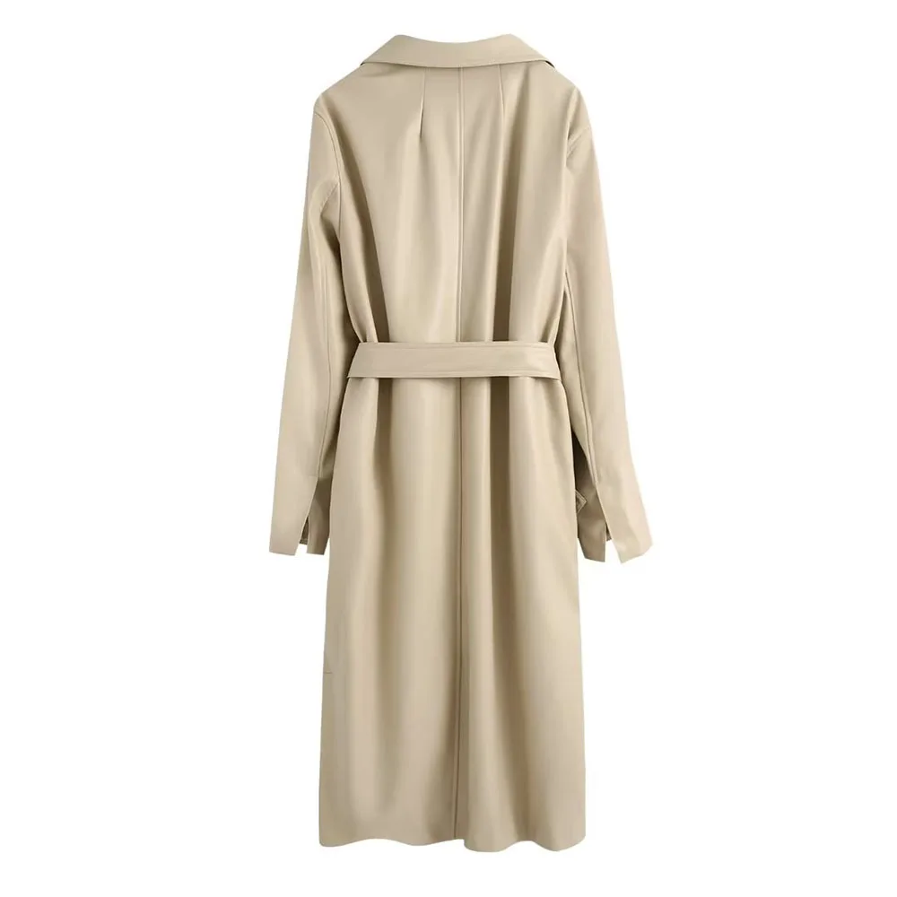 Fall and winter new fashion women's casual versatile lapel long sleeve with belt imitation leather windbreaker