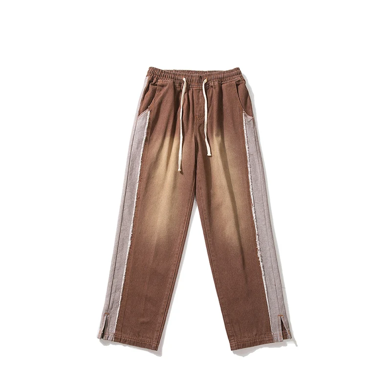 Four Seasons Men's Raw Edge Jeans Wide Leg Pants Fashion Brand Elastic Waist Hip Hop Men's Patchwork Trousers Casual Streetwear