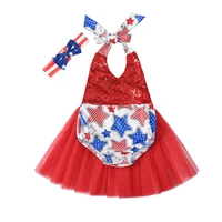 independence day baby girls romper outfit star printing sequins decoration mesh skirt splicing hanging neck jumpsuit headwear
