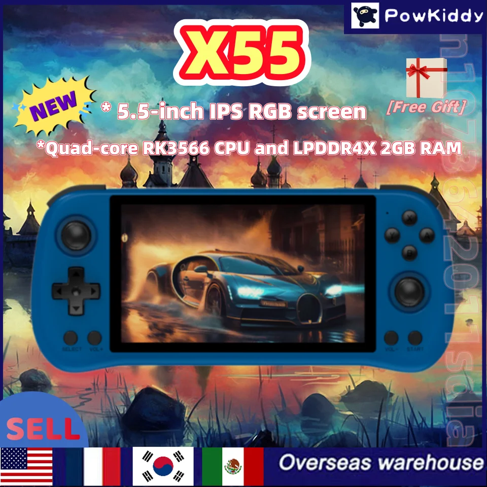 POWKIDDY X55 Retro Console 5.5 INCH 1280*720 IPS Screen RK3566 Linux Open-Source Handheld Game Console HDMI Kid's Gift 30000Game