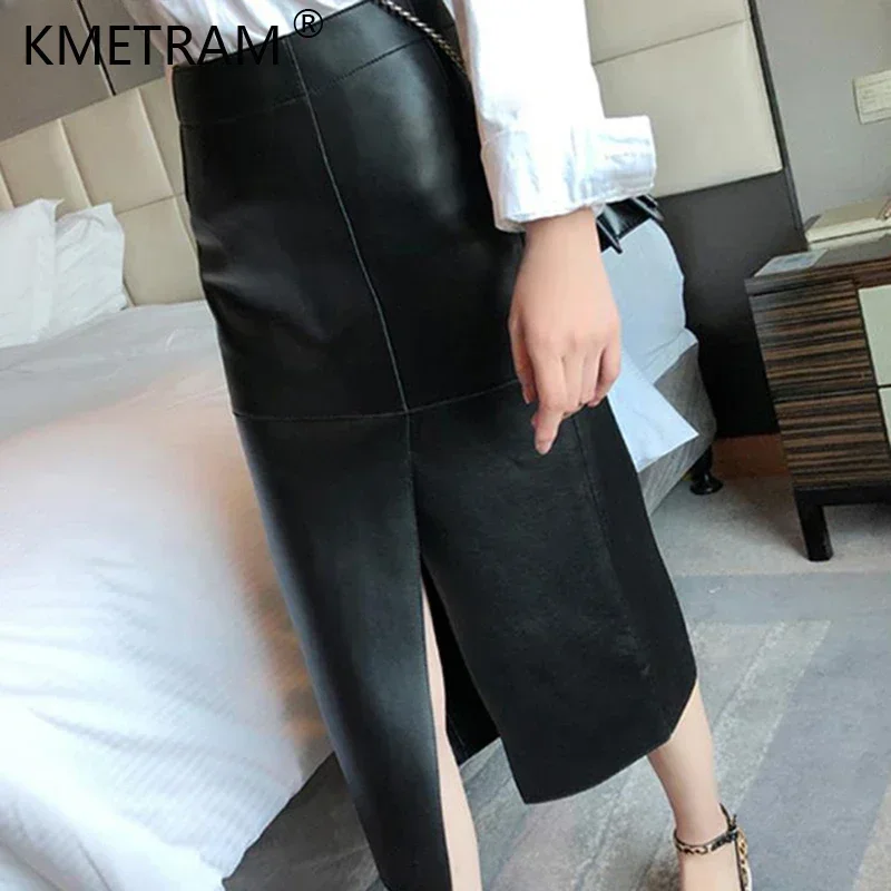 Женское платье из натуральной кожи с завышенной талией простое разрезом женское