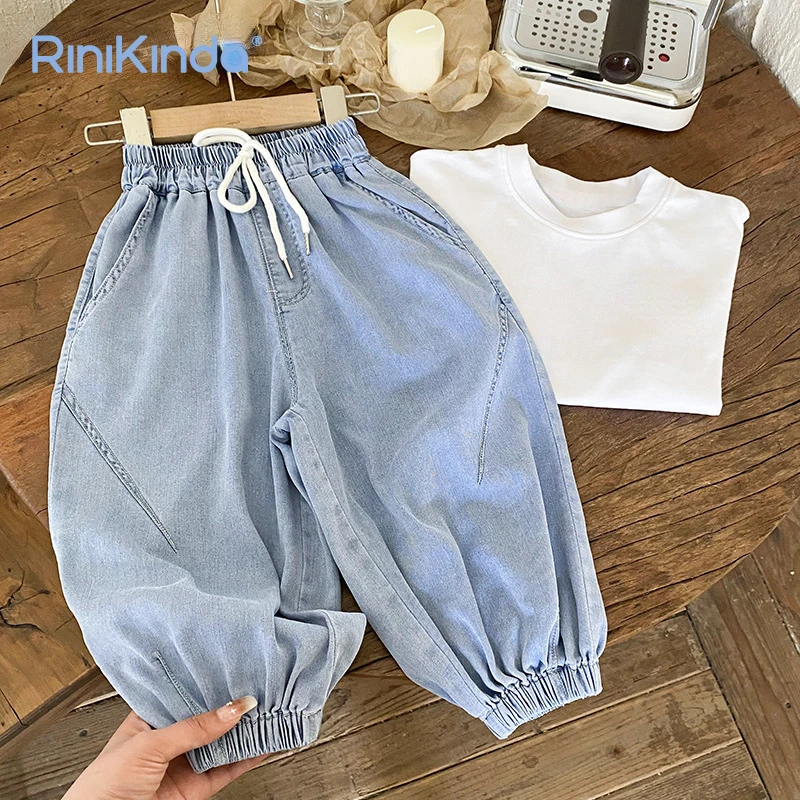 

Новинка 2023, детские джинсы для девочек и мальчиков, джинсовые брюки на весну и осень, однотонные шаровары с карманами, Детская верхняя одежда, длинные брюки, одежда для девочек