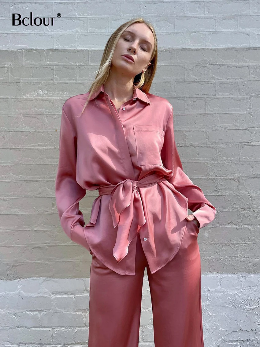 

Bclout элегантные розовые пятнистые брюки, женские костюмы из 2 предметов, зимние офисные женские рубашки на шнуровке, модные длинные брюки с в...