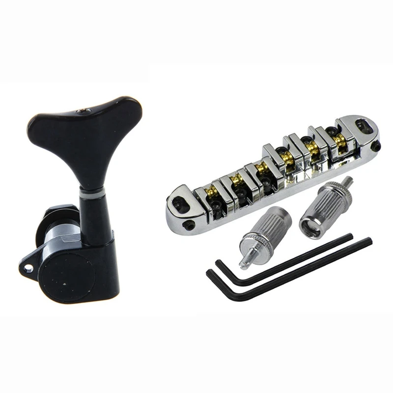 

2 Pairs Black String Tuning Pegs Machine Heads & 1 Set Chrome Metal Plated Roller Saddle Tune-O-Matic Bridge