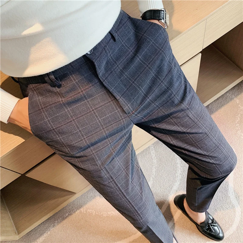 

Брюки мужские классические клетчатые, деловые повседневные зауженные брюки до щиколотки, винтажные Костюмные Свадебные штаны в клетку, 28-38