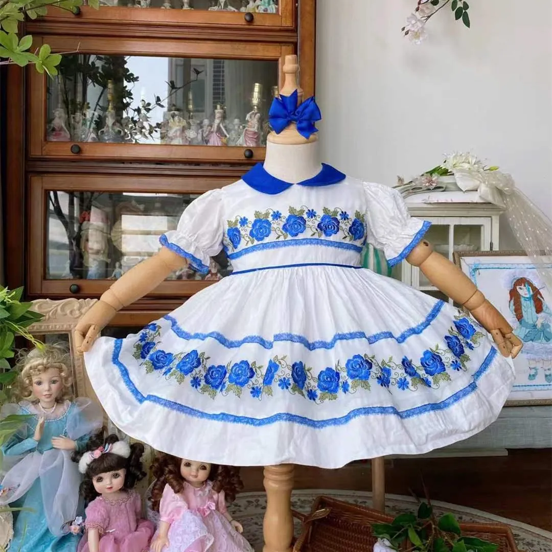

0-8Y Baby Girl Summer Blue Rose Embroidery Turkish Vintage Lolita Princess Ball Gown Dress for Birthday Holiday Casual Eid