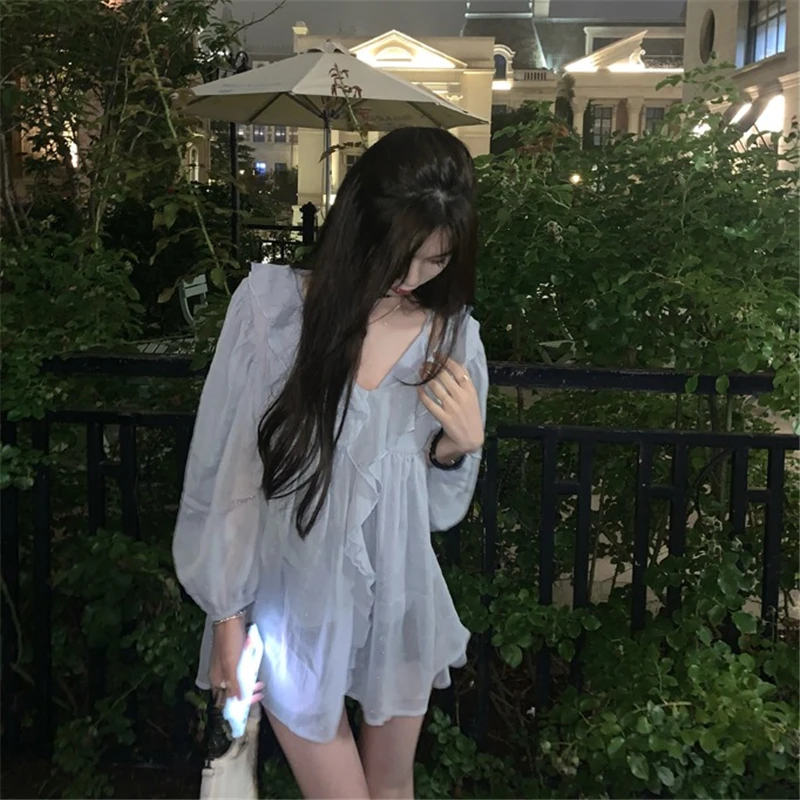 Блузка шифоновая с оборками Женская элегантная рубашка в Корейском стиле