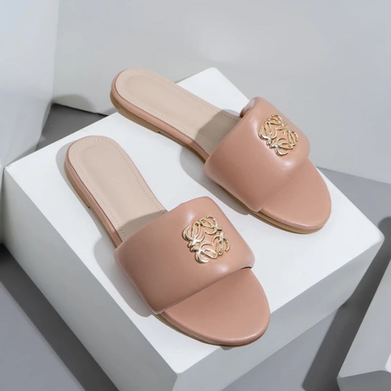 Fashion Designer Shoes Metal Buckle Mules Slippers Beach Flat Sandals Women