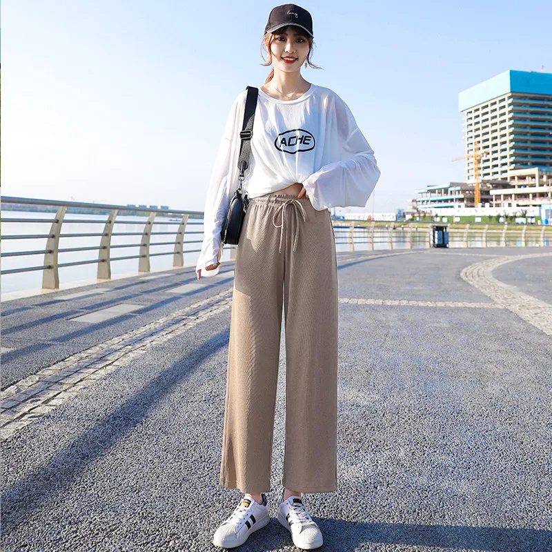 Female Versatile Fashion Trend Ice Silk Wide Leg Pants Women'S Summer Wear New Korean Loose Knit Straight Casual Trousers