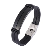 simple double layer mens black leather bracelet stainless steel metal handmade bangles men wrist jewelry gift wholesale sp1341