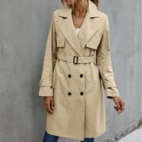 women autumn elegant fashion long sleeve lapel neck double breasted belted trench casual solid color coats female jackets coat