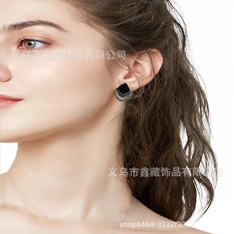 Винтажные серьги с черными кристаллами и бриллиантами бахромой женские