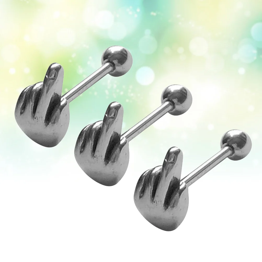 

3 Pcs Stainless Steel Tongue Rings Tongue Bar with Middle Finger Cartilage Rings Body Jewelry Silver