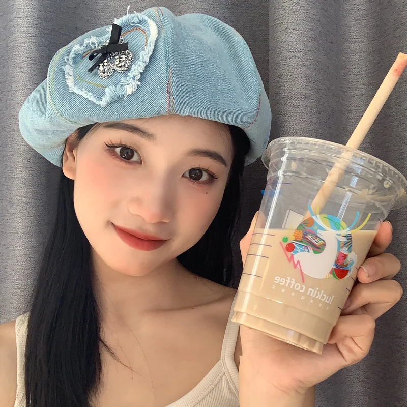

Cute Bear Love Denim Beret Hats for Women Korean Version Shows Face Small Spring and Summer Travel Sweet and Cute Painter Cap