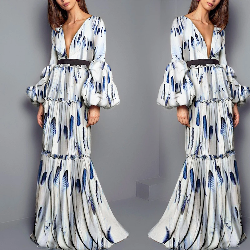 

2022 Spring Sexy Deep V Lantern Sleeve Loose A-line Dresses High Waist Female Printed Ankle-Length Dress