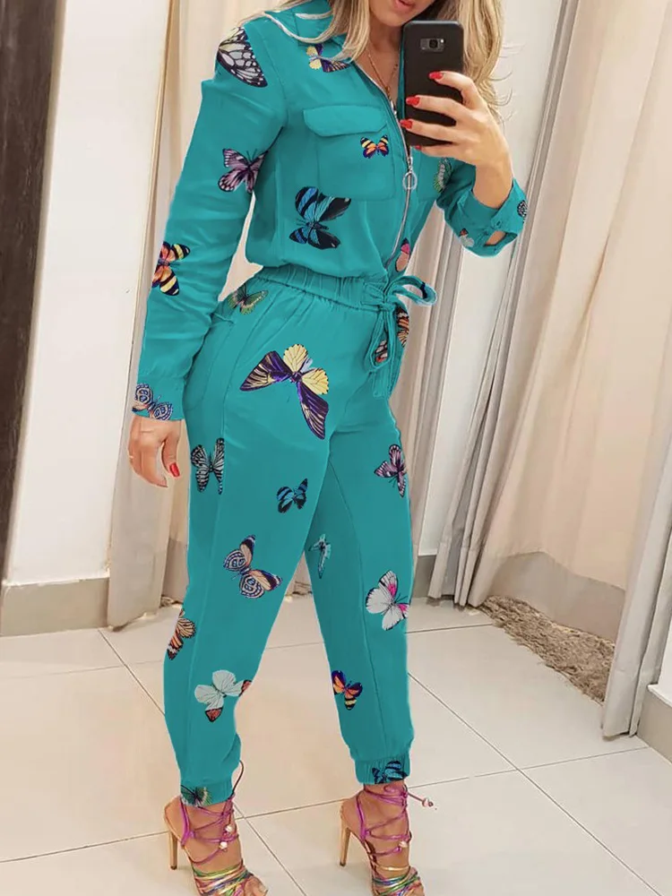 Butterfly Print Zipper Pocket Design Rompers Women Jumpsuit Long Sleeve Slim Fit Lace Up Waist Jumpsuits Casual Overalls