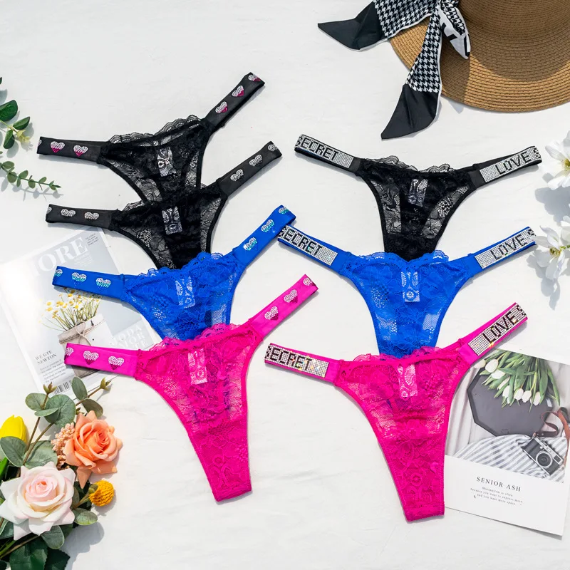 Lace Thongs Women Low Waist Perspective Panties G String Letter Secret Rhinestone Underwear Seamless Sexy Lingerie Brand Design