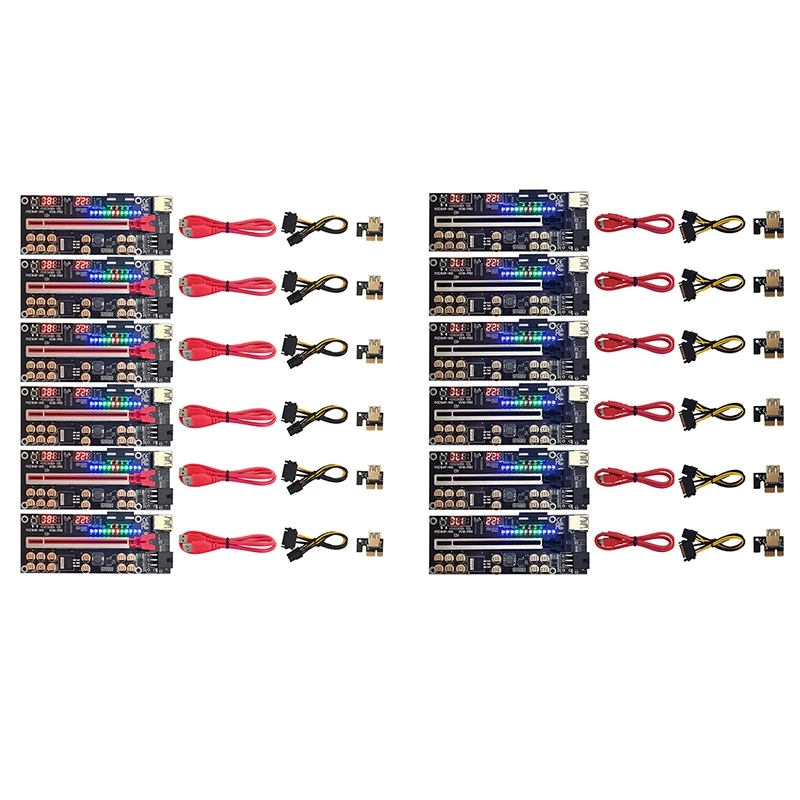 

6 Pcs New VER018 PRO PCI-E 1X To 16X GPU Extension Cable Riser Card With LED Lights/Voltage/Temperature Display