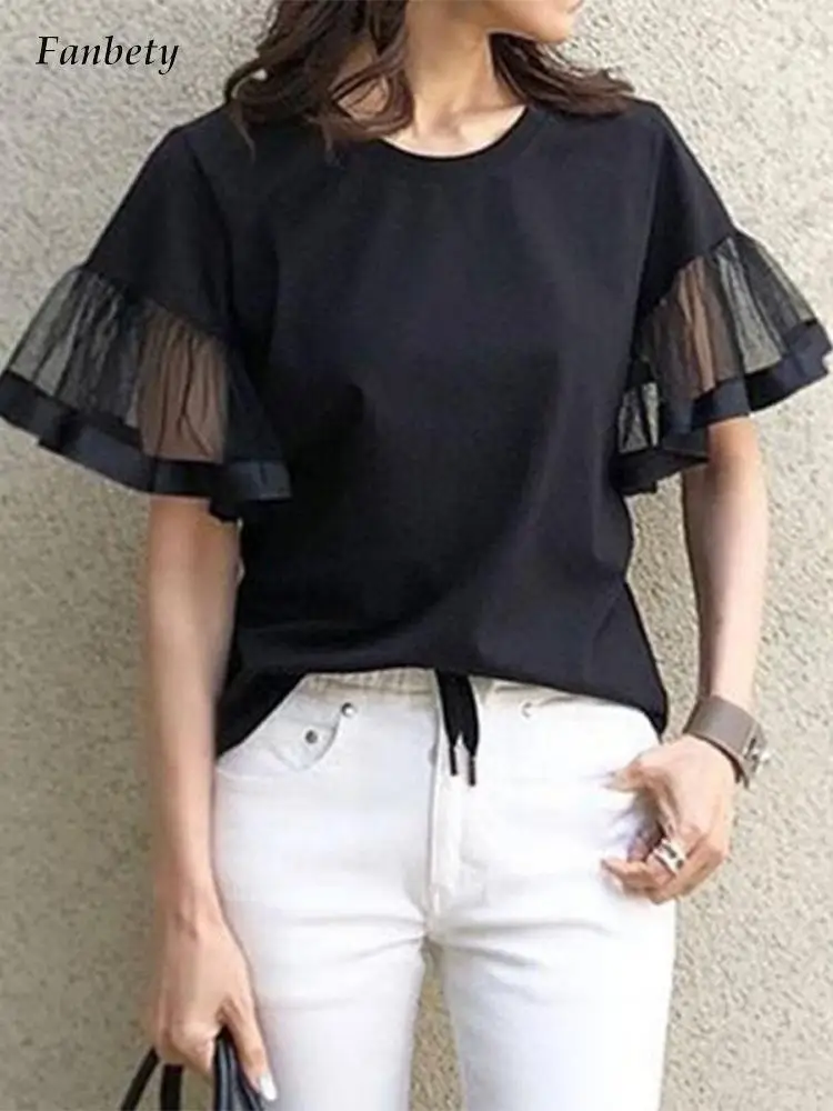 

Women Clothing 2022 New Fashion Mesh Panel Flared Sleeve Blouse Shirts Summer Office Lady O-Neck Commute Black Shirts Pullover
