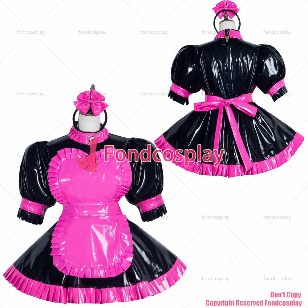 

tailor-made sexy adult dressing cross maid sissy black heavy pvc dress lockable uniform hot pink apron tv/cd[g3751]