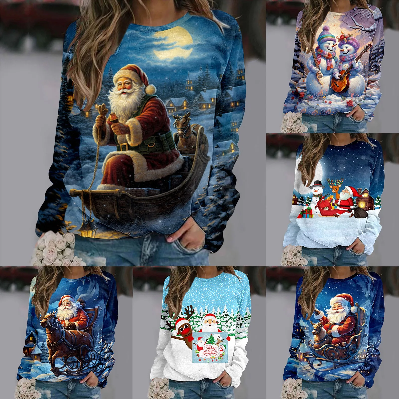 

Women's Long Sleeve Pullover Shirt Round Neck Christmas Printed Sweatshirt Casual Shirt Retro Kawaii Athletic