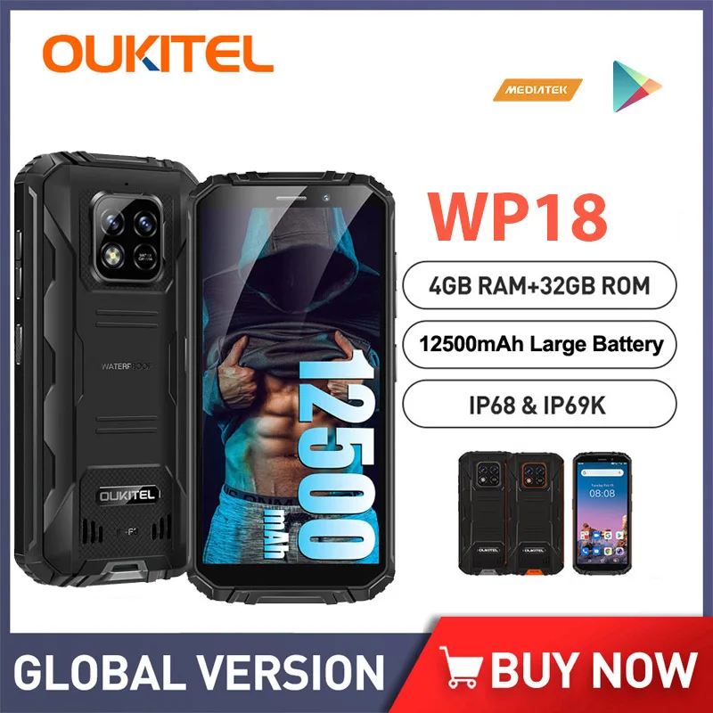 Oukitel WP18 12500mAh Smartphone IP68 & IP69K Rugged Mobile Phone 5.93'' TFT HD + Display Android 11 4GB+32GB 13MP Camera