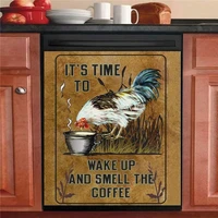 country chicken dishwasher door sticker it is time to wake up kitchen decorfarm rooster panels for refrigerator smell coffee