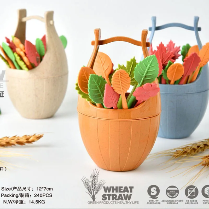 

16pcs/set Biodegradable Fruit Fork Bucket Desert Forks Leaves Shape Snack Food Picks Salad Vegetable BBQ Kids Bento Accessories