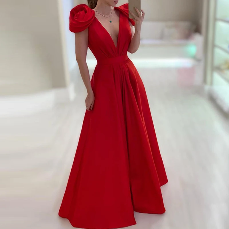 

Женское облегающее банкетное красное платье без рукавов, элегантное однотонное вечернее платье с глубоким V-образным вырезом, летнее Плиссированное праздничное платье-трапеция, платья