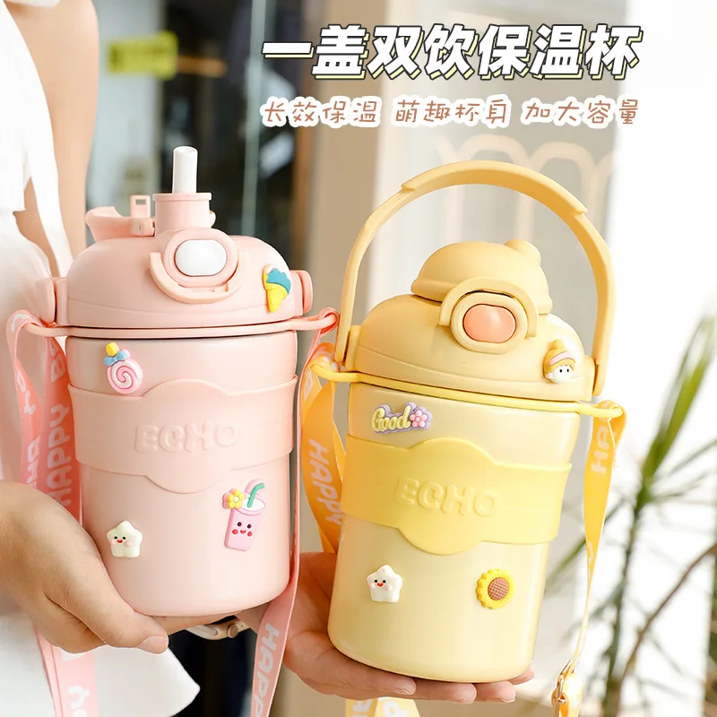 Large-capacity Thermos Cup Girls High-value Pot Belly Cup Student Water Cup Portable Straw Cup Kettle Learning Drinking Cup