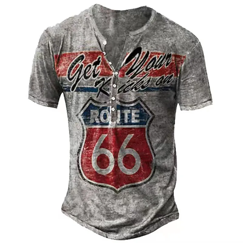 

Vintage US Route 66 Print Men's Button T-shirts Summer Street Imitation Cotton V-Neck Short Sleeve Oversized T Shirt Loose Tops