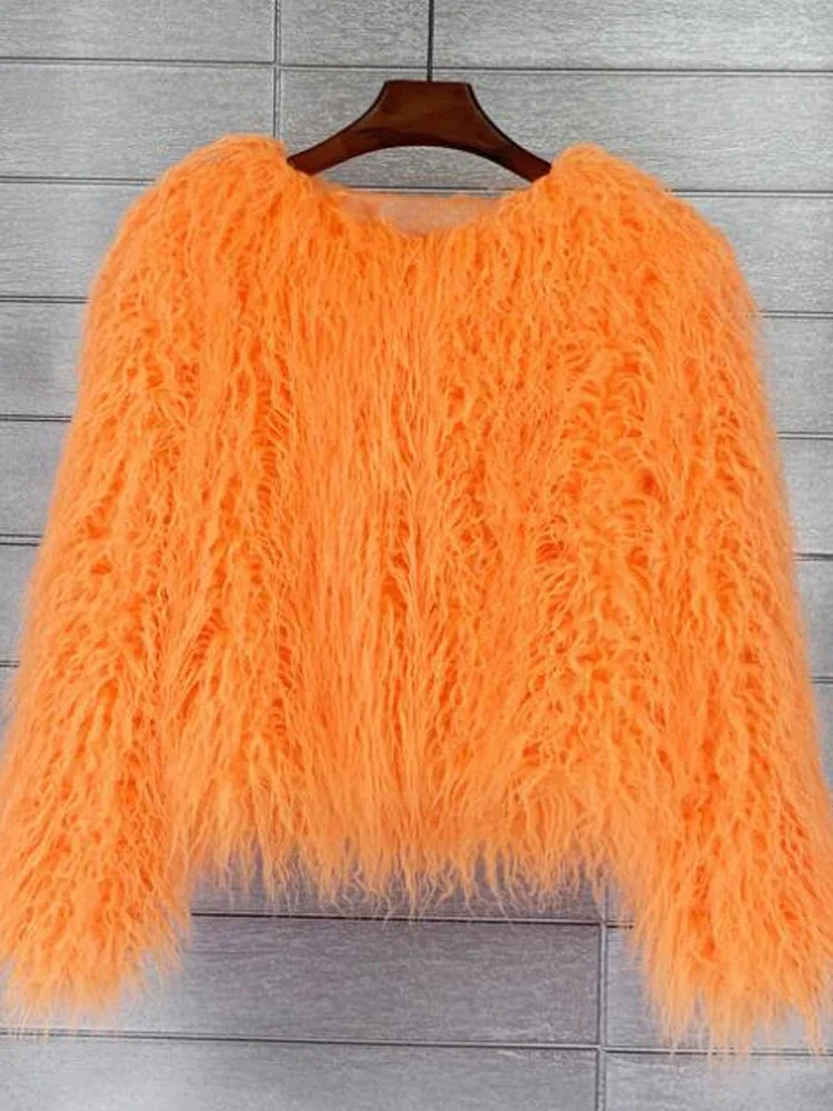 Шерстяная шуба из искусственного меха женская красочная пушистая розовая