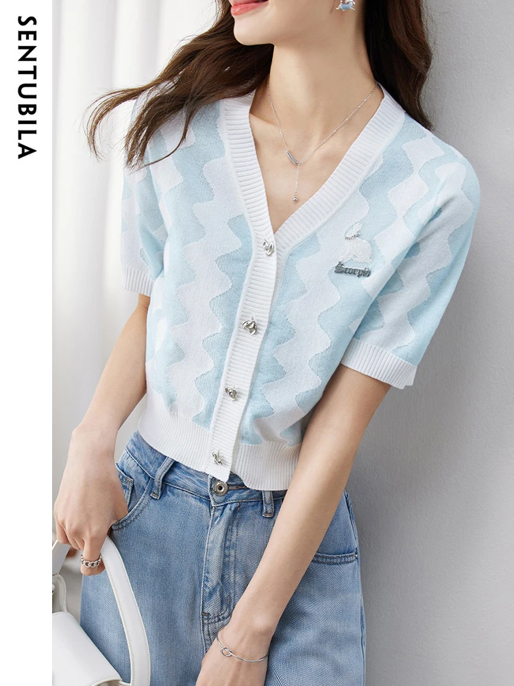 

Sentubila Elegant Summer Sweaters for Women 2023 Contrasting Color Cotton Wool Single Breasted V Neck Female Knitwears Pullovers
